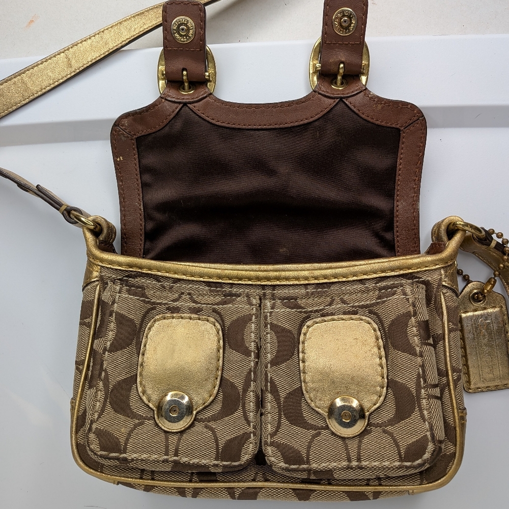 Coach Bleeker Crossbody Bag Jessie Signature Gold Tan Mini Messenger Buckle Y2K - Picture 12 of 16